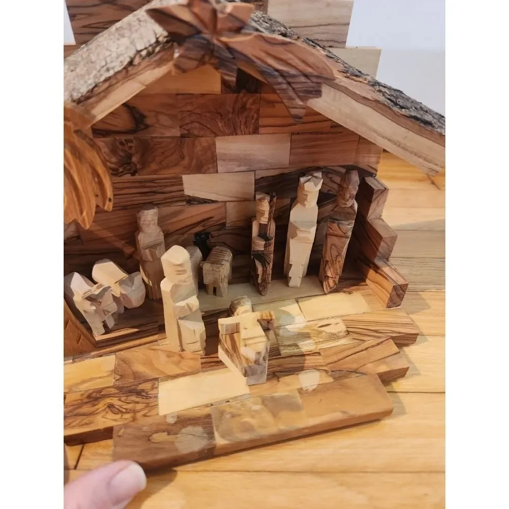 Vintage Wood Hand Carved Christmas Nativity Set Baby Jesus Bethlehem Star